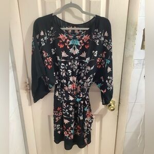 BCBG Maxazria 100% Silk Maxi Dress XS Kimono Empire Waist Blossom Floral Fairy